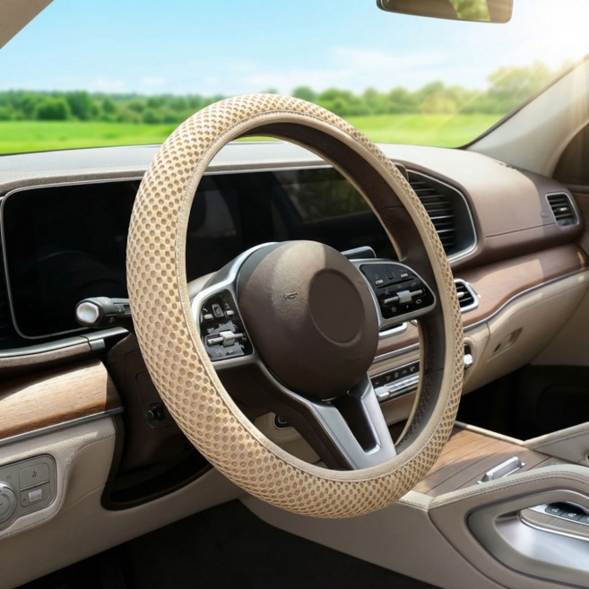 핏노아 여름 냉감 핸들커버 전차종 D컷 공용 쿨링 미끄럼방지 차량용, 베이지