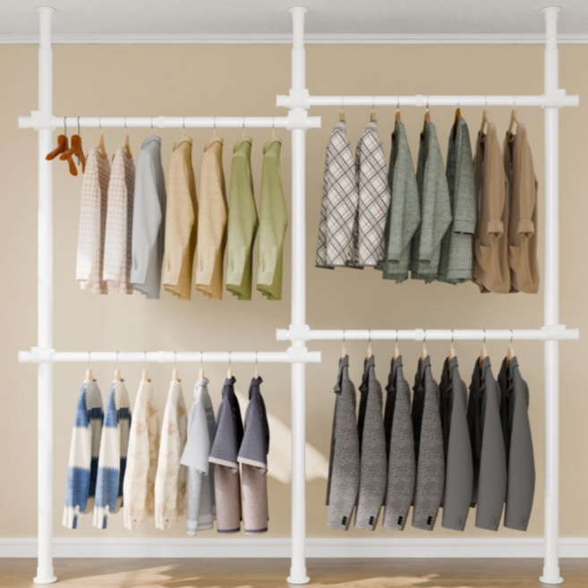[국내브랜드]라온리빙 옷걸이 옷방 정리 드레스룸 철제 조립식 시스템 행거 4단, 화이트_4단