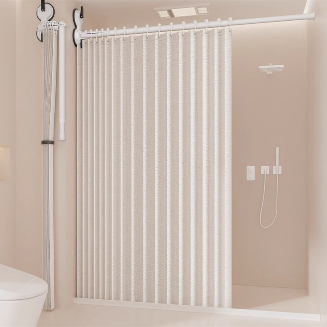 공간분리 욕실커튼 접이식 샤워커튼 화장실 방수 가림막 욕실 물막이 파티션 무타공 (커튼 + 커튼봉 + 하단방수바 포함)