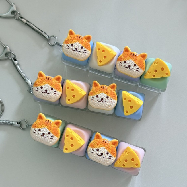 4구 강아지 치즈 고양이 케이크 LED 야광 불빛 키캡 키링 컬러 키보드 자판 딸깍이 클리커, NON LED