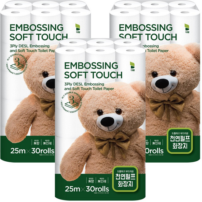 대왕 소프트 터치 천연펄프 30롤 3팩 90롤, 3개