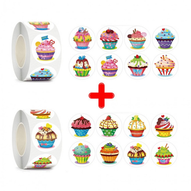 1000매 2롤 컵케이크 원형 스티커, 1세트, 컵케이크1(500매)+컵케이크2(500매)