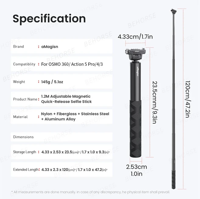 DJI OSMO 360 용 자기 퀵 릴리스 셀카 스틱 1.2M 조정 가능한 삼각대 Osmo 360/Action 5 Pro/4/3 카메라 액, 01 검정색