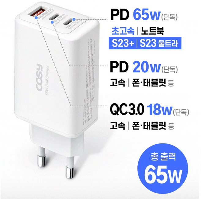 썬더 GaN 초고속 충전기 3포트 65W 노트북 PD충전 카공족 필수템