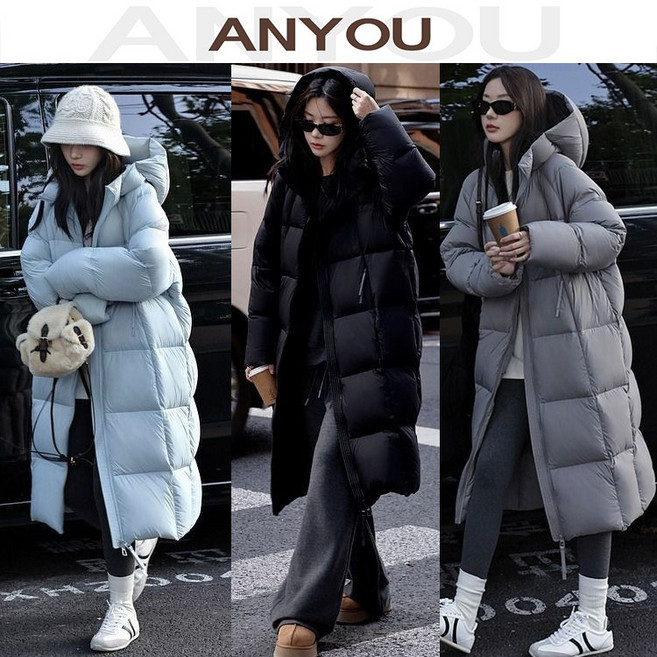ANYOU 겨울 여성 루즈핏 롱패딩 롱 후드 코트 점퍼 여자롱패딩