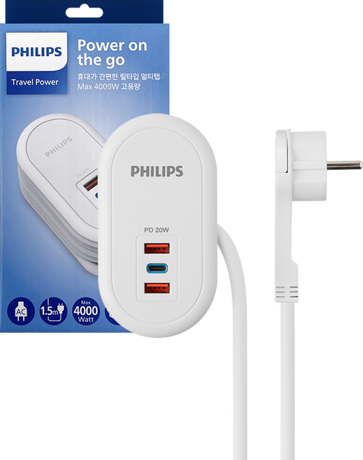 필립스 파워트래블 고용량 멀티탭 USB C타입 A타입 납작플러그 여행용, 화이트 CHP4110W, 1개, 1.5m