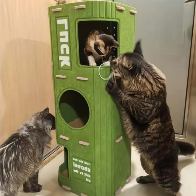 고양이용 미끄럼 방지 3단 일체형 하우스 숨숨집 캣타워, 1개, 그린