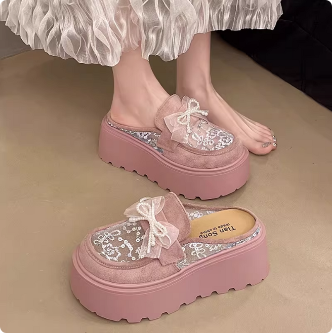 쌍천 고급스러운 통굽 레이스망 통기 슬리퍼여름 아웃도어 패션 뮬 키높이 샌들 7cm A26032918