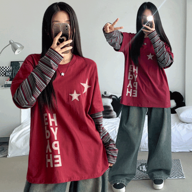 [유니크힙/4col] 하입 루즈핏 레터링 배색 레이어드 긴팔 티셔츠