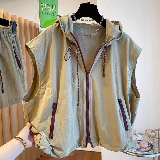 여성용 후드 포켓 베스트 여름 루즈핏 속건 민소매 집업 바람막이 자켓