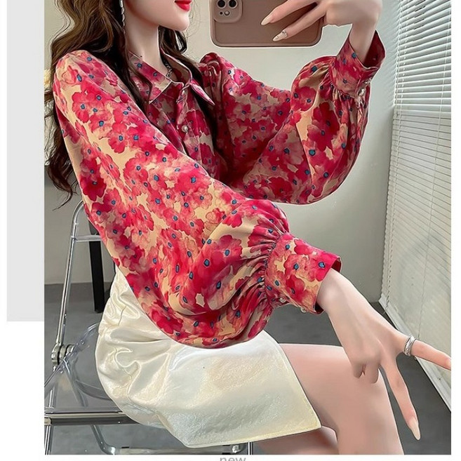 해피유통 여성 봄여름 플라워 패턴 긴팔 블라우스 퍼프 소매 디자인 패셔너블하고 사랑스러운byq