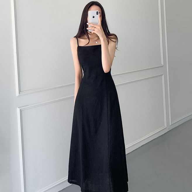 MDMS 細肩帶洋裝 吊帶長裙 收腰綁帶設計, 1#黑色