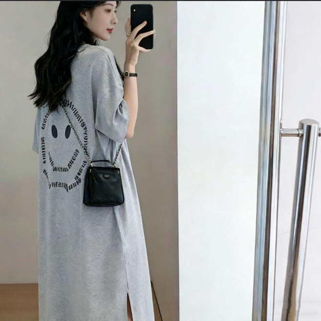 純棉T恤裙 女夏季寬鬆顯瘦連衣裙, 灰色-印花-純棉,XL 130-150, 灰色-印花
