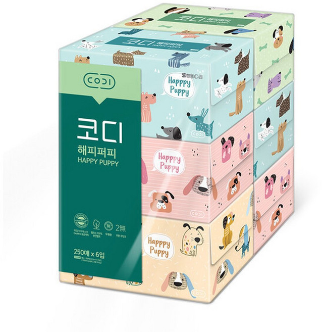 (현대Hmall)코디 해피퍼피 미용티슈 250매x6입 1팩 배송, 1개, 250매