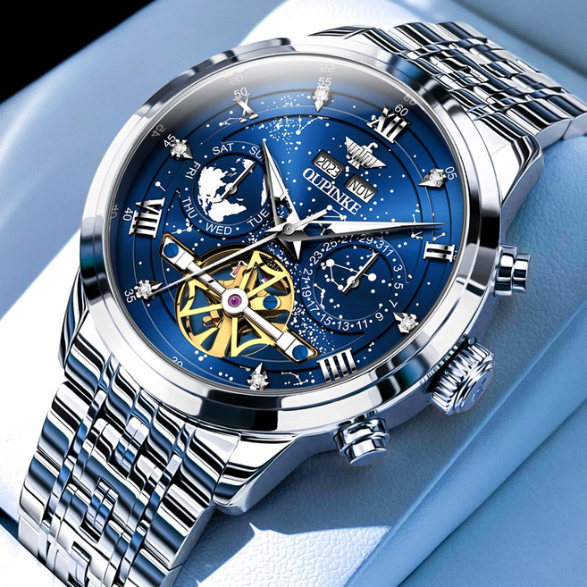 OUPINKE 남성 시계 정품 자동 기계식 오토매틱 럭셔리 명품 워터프루프 야광 메탈 큐빅 다기능 별이 손목