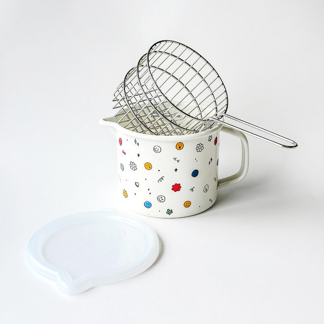 스마일 원형 법랑+튀김망 세트(뚜껑 포함), 14cm, 1개