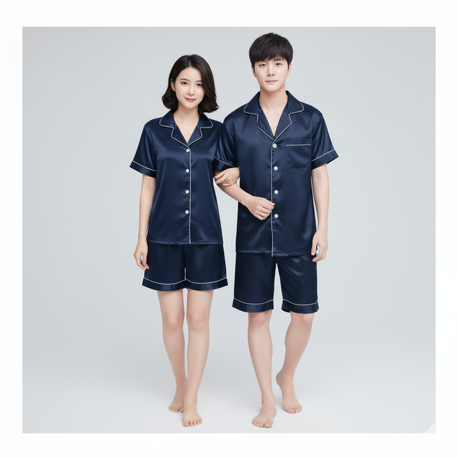 심플 여름 사계절 반팔 반바지 부드러운 실크 커플 파자마 잠옷 세트
