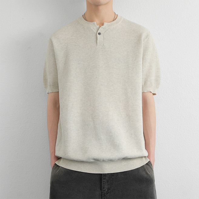 男士短袖亨利領修身商務針織衫