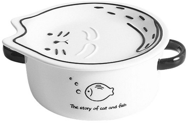 BLOWFISHFUGU 귀여운 고양이 양손 스프볼 라면그릇 손잡이라면그릇 뚜껑라면기, 1개, 화이트B