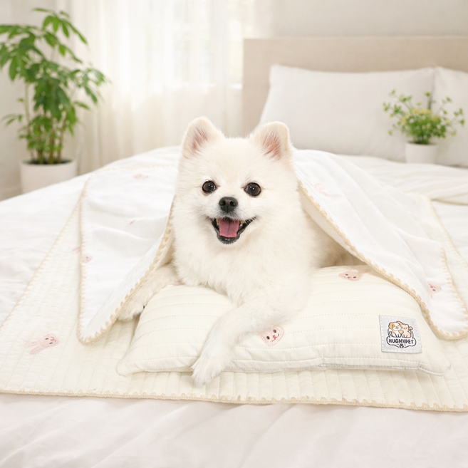 허그마이펫 반려동물 토끼자수 낮잠 이불세트 3종 (이불+베개+패드), 크림, 1세트