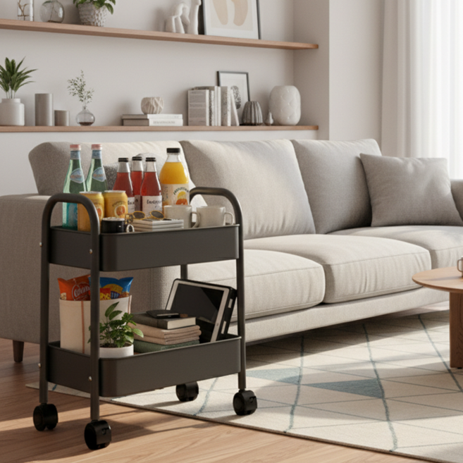 이동식 수납 정리함 올스틸 틈새 수납장 트롤리, 블랙, 2단