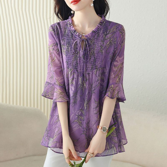 COSYEVNO 여성 쉬폰 셔츠 7부 소매 프린트 패션 데일리 블라우스