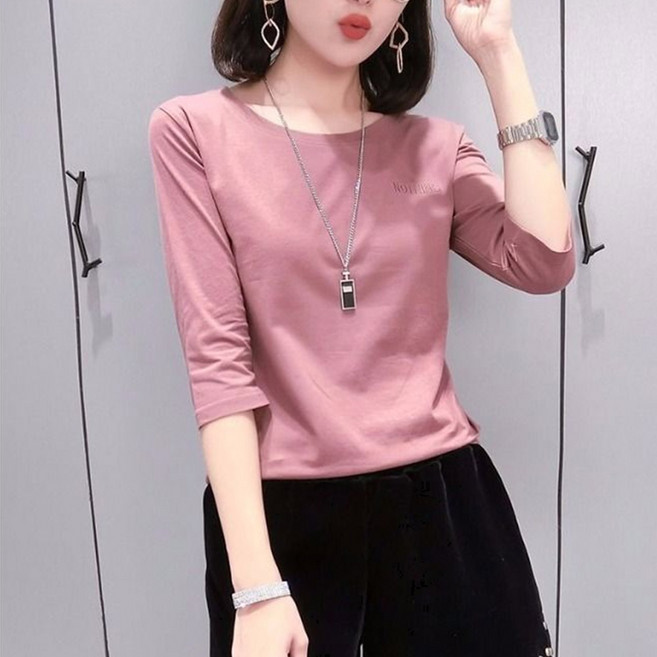 레이디매직 봄 여름 라운드넥 7부 소매 면 티셔츠