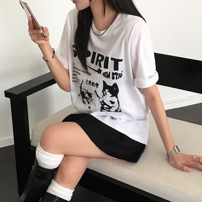 티데일리 남녀공용 스피릿 프린팅 오버핏 20수 라운드 반팔 티셔츠