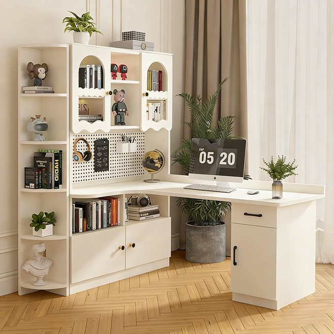 심플 수납 L형 코너책상 중학생 책상 고등학생 책상 서재책상 책상세트, 화이트(왼쪽)+유리문+코너장