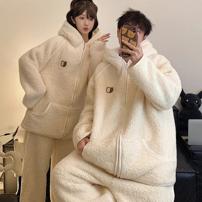 겨울용 부드러운 극세사 양털 긴팔 커플잠옷 세트 따뜻한 홈웨어 캐주얼 스타일
