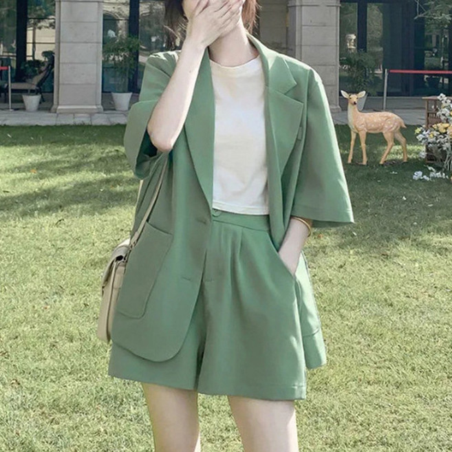 자칠 여성용 얇은 정장 자켓 반바지 투피스 세트