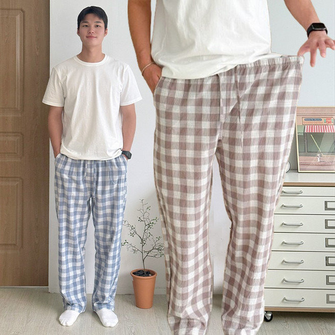 디디오 남자 순면 간절기 파자마 긴바지 통기성 체크 홈웨어 잠옷바지 CW카야
