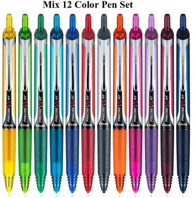 PILOT Hi-Tecpoint 정밀 V5 RT 롤러 볼 젤 펜 리필 가능 및 개폐식 액체 잉크 롤링 볼펜 매우 부드러운, 09 Mix 12 Colors Set