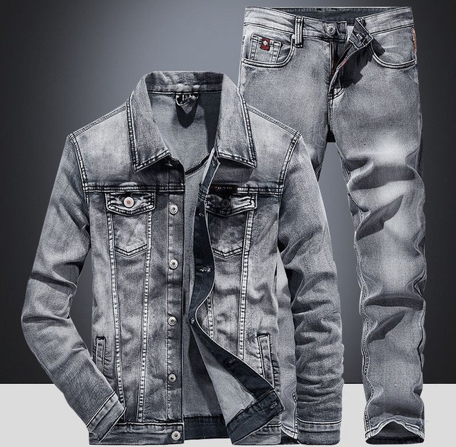 남성 데님 투피스 슈트 세트 봄 가을 슬림핏 한국 스타일 청자켓 캐주얼 상하세트 바지 재킷 트렌디한 연청 패션