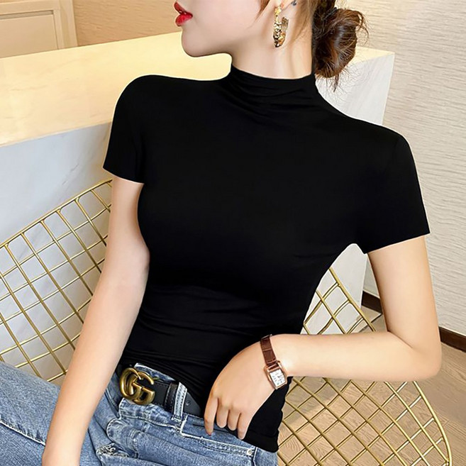 ROYALBELLE 여성 반하이넥 반팔 슬림핏 베이직 모달 얇은 이너 티셔츠 K0031124