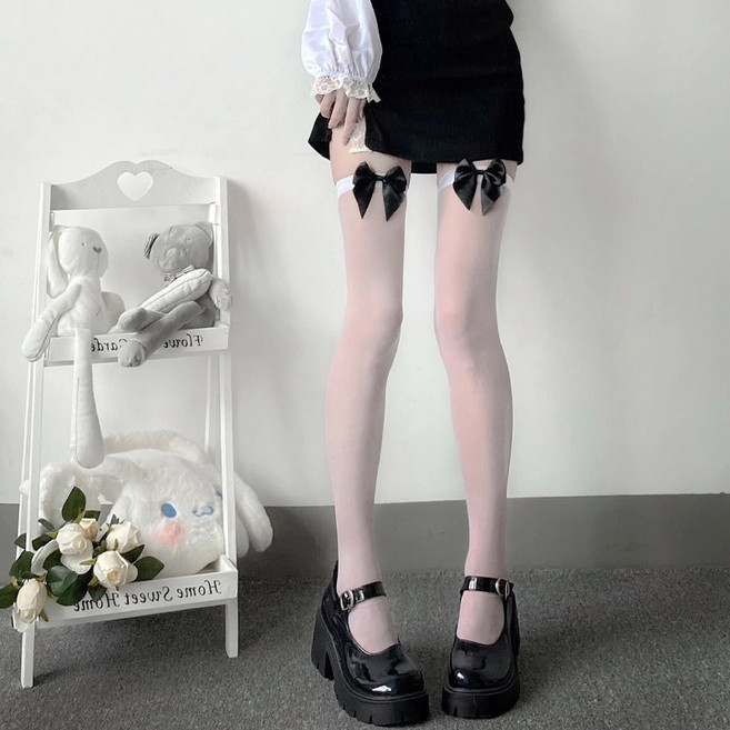 걸스코코 리본장식 오버니삭스 밴드스타킹 큐티섹시 시스루 반스타킹 4color