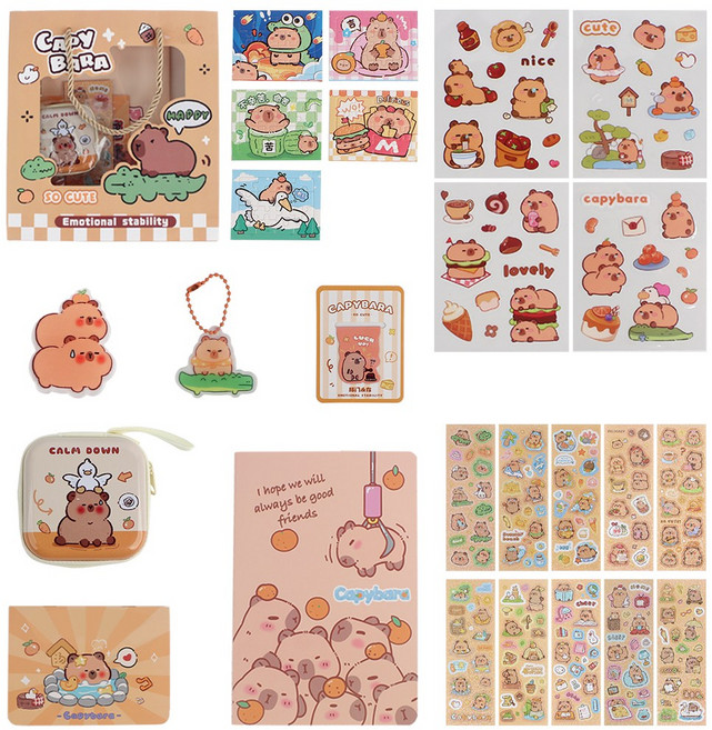 투데이리빙 대용량 카피바라 문구 패키지 신학기 입학 선물 다이어리 배지 키링 파우치 스티커 학용품 세트, 1세트, 혼합색상