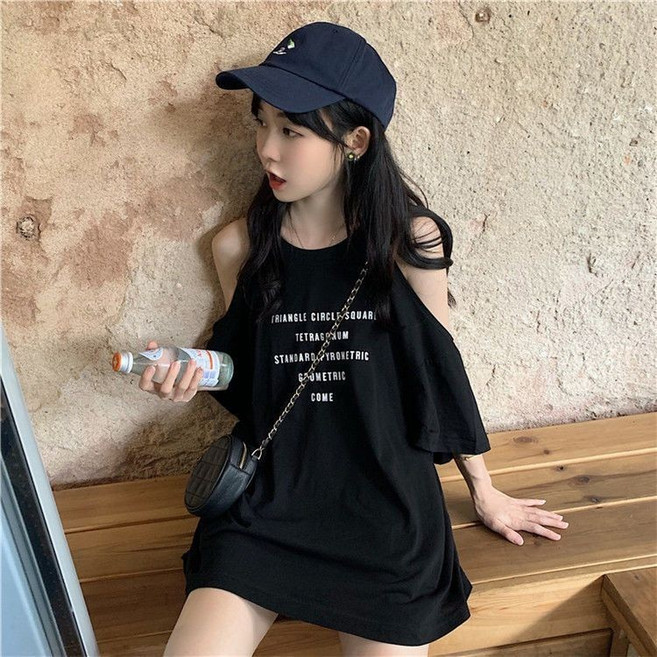大尺碼露肩短袖T恤女 寬鬆夏季韓版中長版上衣