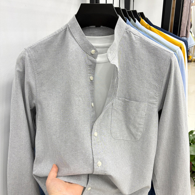 남성 봄 가을 면100% 베이직 차이나카라 셔츠 데일리 기본핏 코튼 셔츠