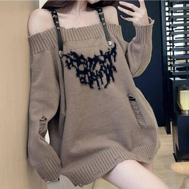 cammello 빈티지 펑크 오프숄더 벨트 스트랩 루즈핏 롱 니트 티셔츠