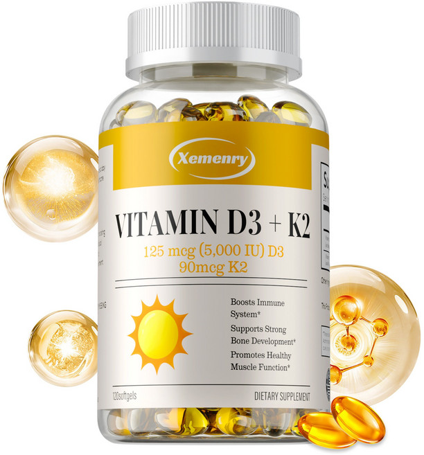 비타민 K2 D3 (MK7) 보충제 비유전자변형(Non-GMO) 삼키기 쉬운 비타민 D & K 복합제, 3개, 60정