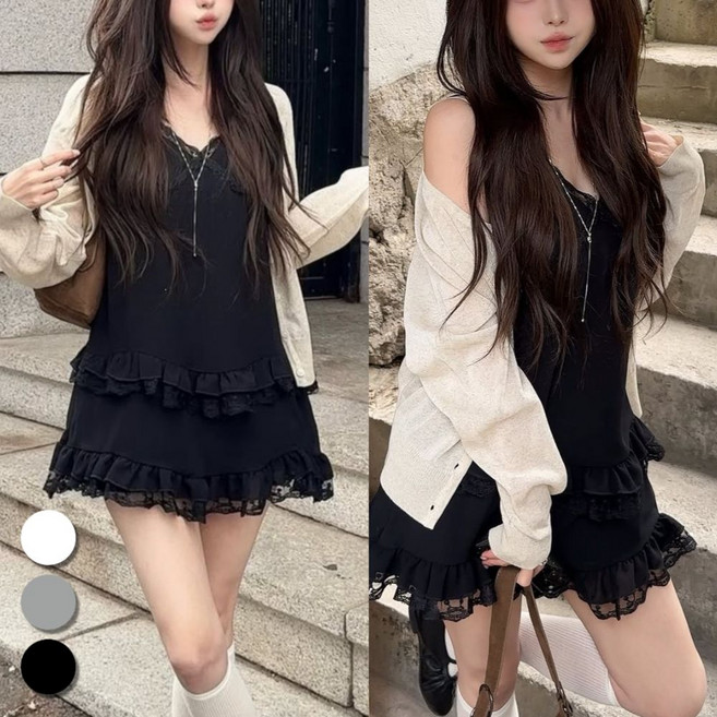 핏몬 실크 레이어드 도트 프릴 끈 조절 롱 나시