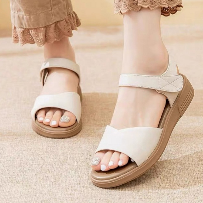 ANYOU 여성 여름 샌들 트렌디 가죽 키높이 벨크로 샌들 슬리퍼