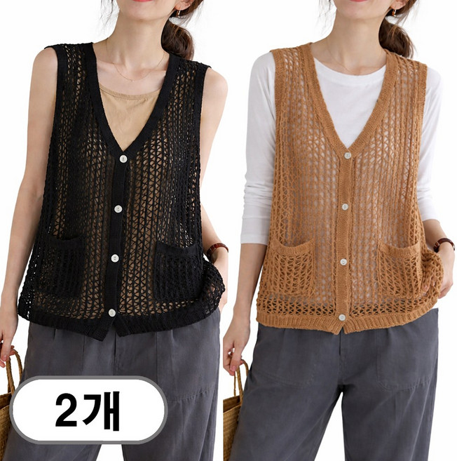 차쿠 1+1 봄 여름 여성 니트 조끼 중년 그물조끼 뱃살커버 엄마 조끼 빅사이즈