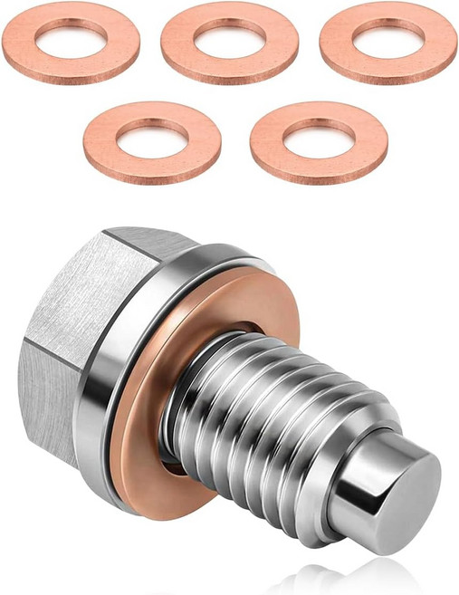 HHZL M14 x 1.5 마그네틱 오일 드레인 팬 플러그 5 PCS 구리 크러쉬 와셔 개스킷이 장착된 너트 볼트 대부분의 차량을 위한 범용 엔진 스테인리스 스틸 교체 키트 누수