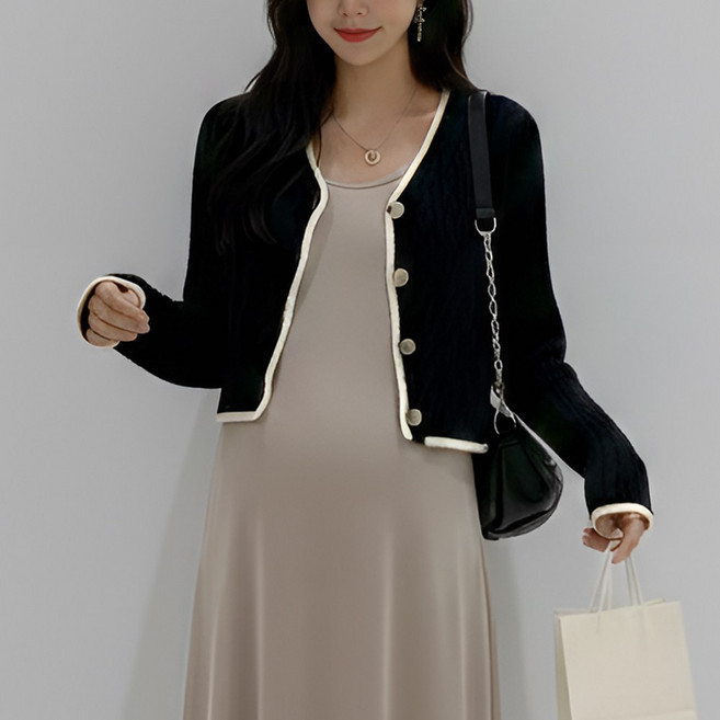 [당일출고] 수엠W 임산부 크롭 배색 꽈배기 니트 가디건 외출복 P06 블랑배색꽈y