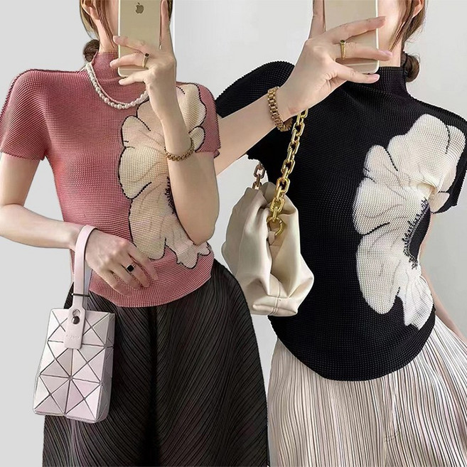 RCLET 여성 꽃 플리츠 블라우스 슬림한 주름옷 여름 반팔 티셔츠 쿨링 하이넥티 데일리