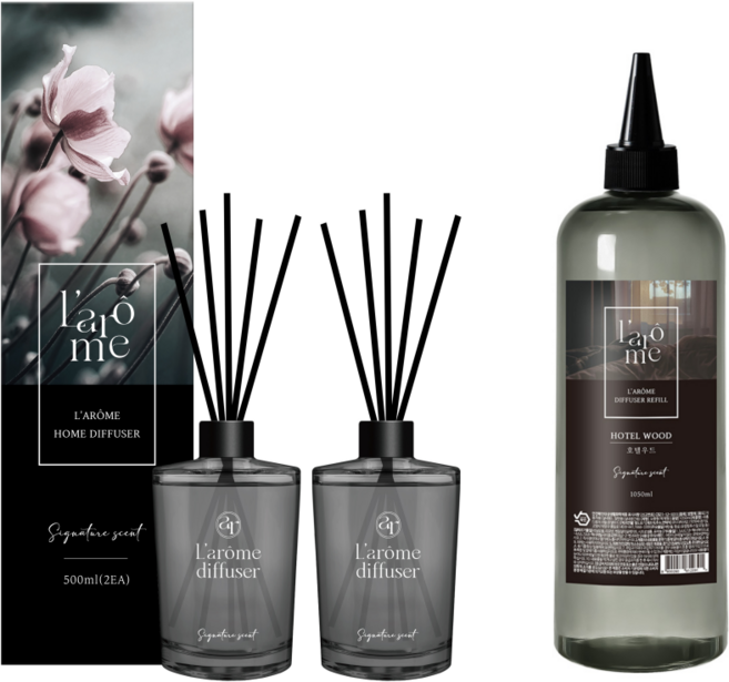 라홈 실내용 디퓨저 510ml 2p + 라홈 1050ml 대용량 리필오일, 2개, 2.07L, 호텔우드