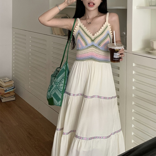[토바] 여름 바스락원피스 크로셰 스모크밴딩 뷔스티에 에스닉 펀칭 레이어드 휴양지 뒷트임 끈나시 TVC086