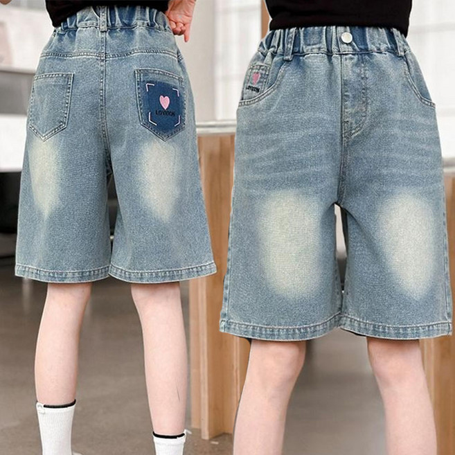 키즈목마 2025 여름 여아 5부 데님 반바지 주니어 캐주얼 밴딩 청반바지 626